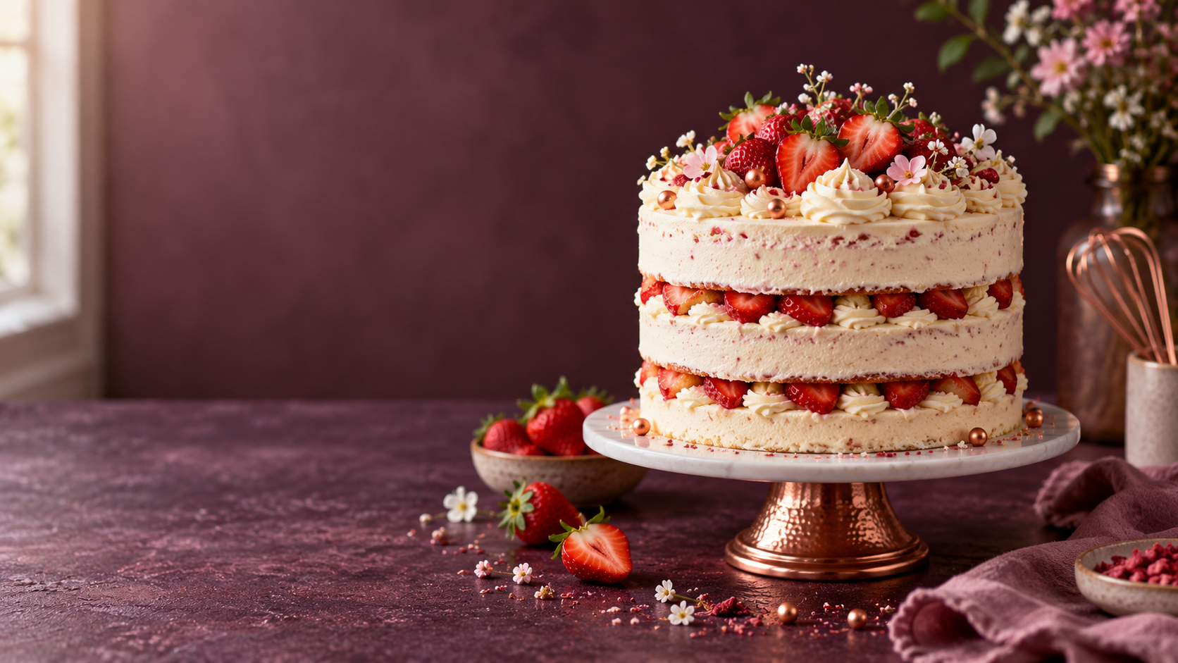 Strawberry celebration cake with rose gold details