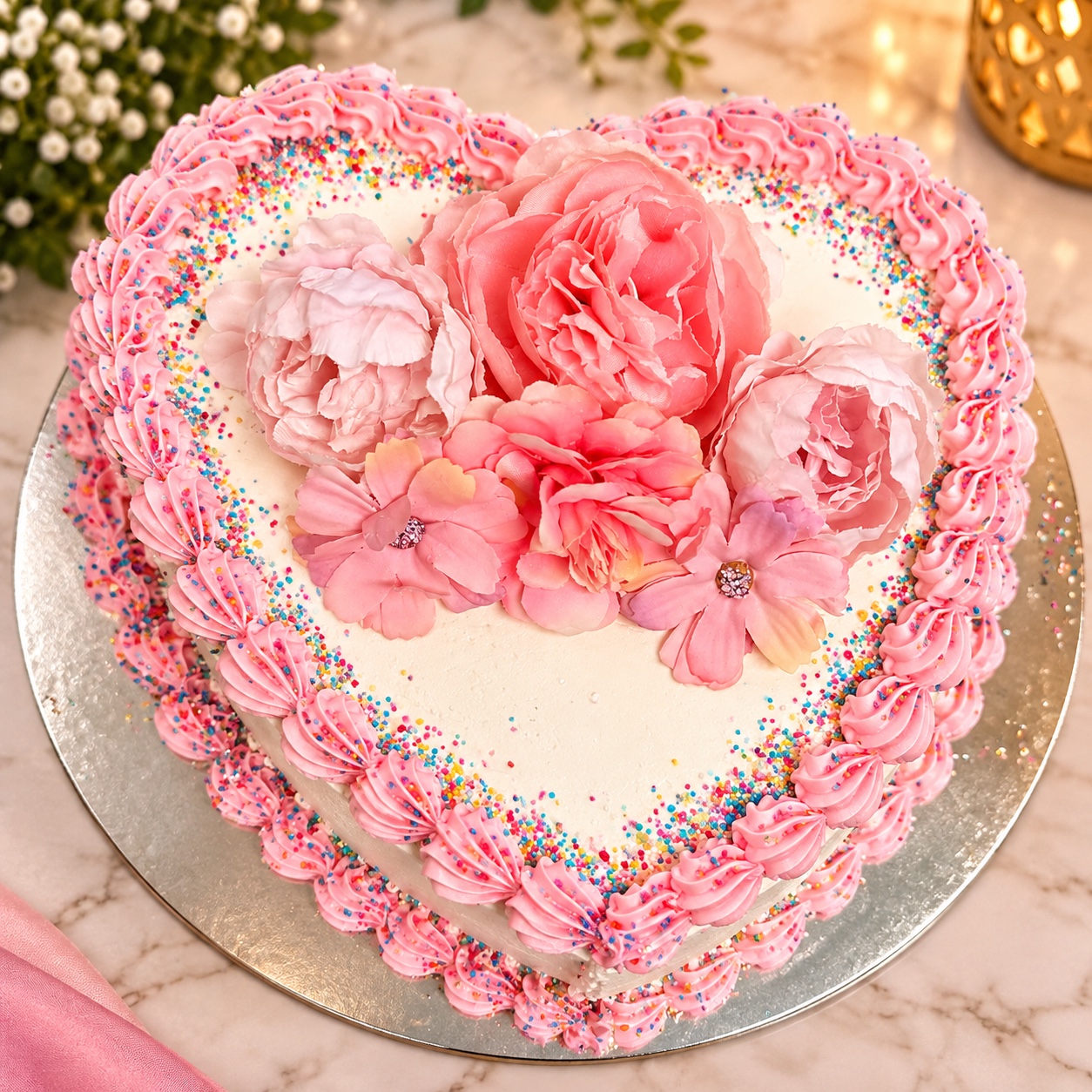 Pink Floral Heart Cake