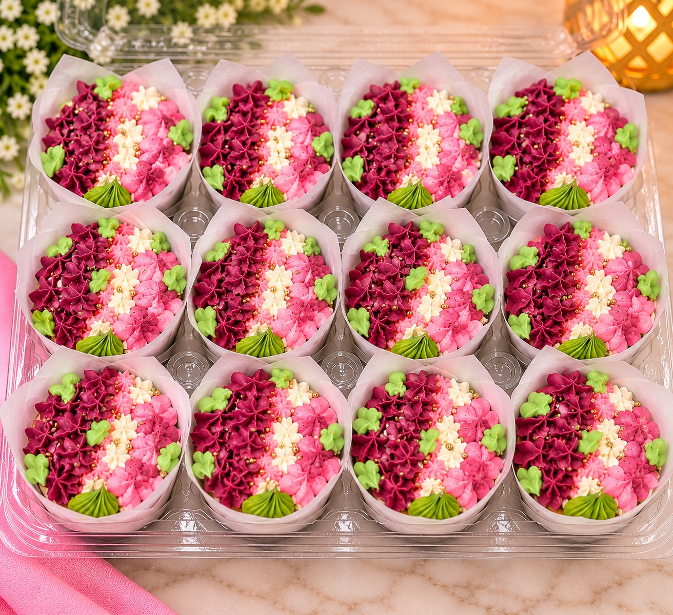 Pink and Green Floral Cupcakes