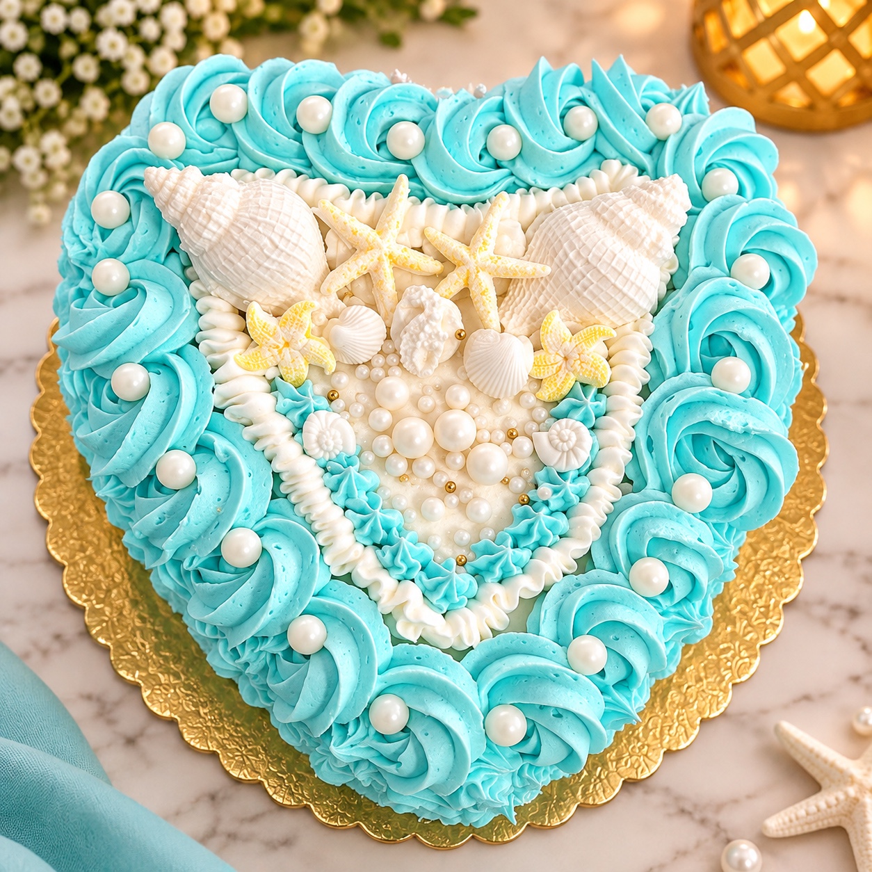 Turquoise Seashell Heart Cake